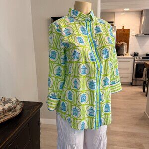 GRETCHEN SCOTT Chinoiseri Caged Birds w/Bamboo Details Long Sleeve BLOUSE